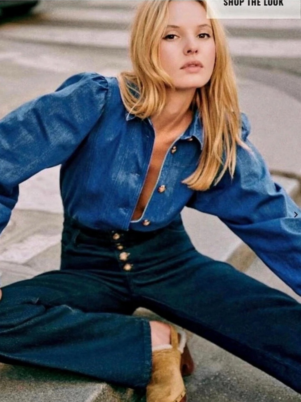 Gorgeous Sezane Bonny Shirt in Denim with gathered shoulders, size 36 or 4.